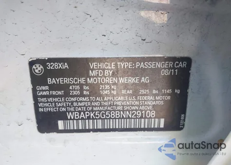 2011 BMW 328I xDrive from USA, damaged, VIN WBAPK5G58BNN29108